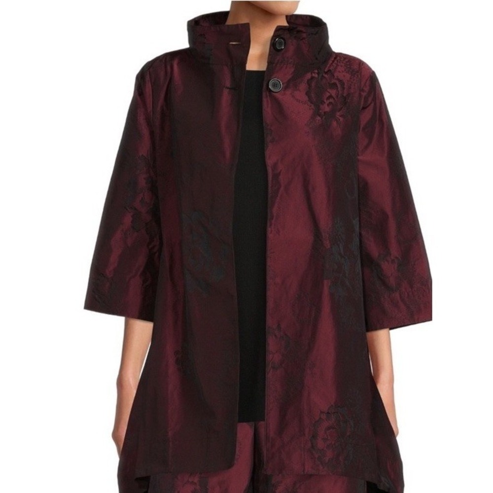 Bryn Walker Hi Low Burgundy Floral Jacquard Swing Jacket Women's Medium